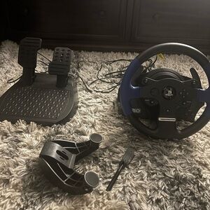 Black and Blue Gaming Wheel with Pedals